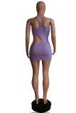 Light Purple Fashion Sexy Solid Hollowed Out Backless One Shoulder Sleeveless Dress