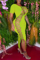 Grüne Mode Sexy Solide Ausgehöhlte O-Ausschnitt Kurzarm Kleid Kleider