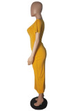 Оранжевое модное сексуальное однотонное платье с круглым вырезом и коротким рукавом Платья