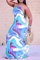 Blaues, sexy, rückenfreies, ärmelloses Kleid mit Neckholder-Print