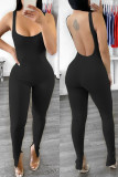 Rose Red Sexig Casual Solid Backless Spaghetti Strap Skinny Jumpsuits
