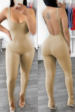 Khaki Sexy Casual Solid Backless Spaghetti Strap Skinny Jumpsuits