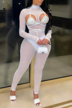 Witte mode sexy effen uitgeholde doorschijnende halflange coltrui skinny jumpsuits