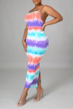 Multicolor Fashion Sexy Print Backless Schlitz Spaghettiträger Ärmelloses Kleid