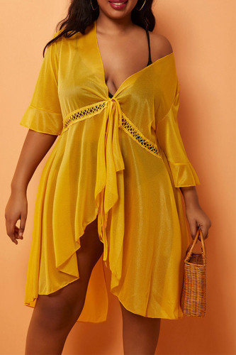 Yellow Sexy Solid Lace Bandage Asymmetrical Swimwears Cover Up
