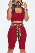 Red Casual Leopard Bandage Patchwork U Neck Sleeveless Two Pieces（with a mask)