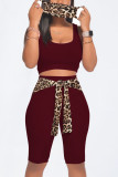Burgundy Casual Leopard Bandage Patchwork U Neck Sleeveless Two Pieces（with a mask)