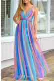 Rainbow Color Casual Daily Patchwork Mesh Spaghetti Strap A Line Robes