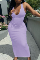 Light Purple Casual Daily Solid Patchwork V Neck A Line Dresses