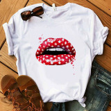 T-shirt con scollo a O di base stampate con labbra casual rosse di moda