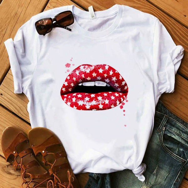 Rote Mode-beiläufige Lippen gedruckte grundlegende O-Ansatz-T-Shirts