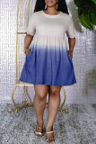 Синее модное повседневное платье с принтом постепенного изменения, базовое платье с круглым вырезом и коротким рукавом