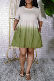 パープルファッションカジュアル段階的変更プリントベーシックOネック半袖ドレス