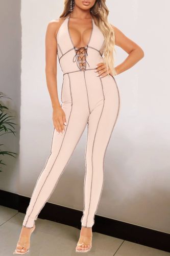 Khaki Street Solid Draw String V Neck Skinny Jumpsuits