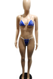 Deep Blue Fashion Sexy Print Backless Swimwears dreiteiliges Set
