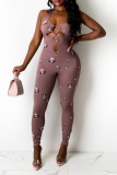 Pink Sexy Print ausgehöhlte Spaghetti-Träger Skinny Jumpsuits