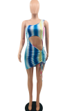 Blue Sexy Print Hollowed Out One Shoulder Pencil Skirt Dresses