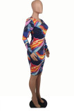 Многоцветный модный повседневный принт Основные платья с круглым вырезом и длинными рукавами