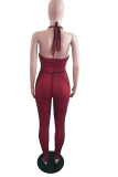 Burgundy Street Solid Draw String V-hals Skinny Jumpsuits