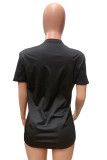 ブラックファッションカジュアルレタープリントベーシックOネックTシャツ