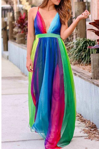 Vestidos casuais de malha arco-íris cor de retalhos diários de malha espaguete com alça em linha