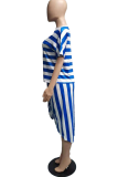 Black Casual Striped Patchwork One Shoulder Short Sleeve Two Pieces