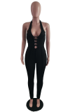 Black Street Solid Draw String V Neck Skinny Jumpsuits