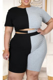 Black Red British Style Patchwork Cut Out O Neck Plus Size Two Pieces