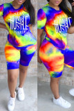 Blue Casual Letter Tie Dye Printing O Neck Short Sleeve Two Pieces