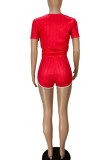 Roter Sportswear-Buchstabe gestreift, alter Patchwork-Druck, V-Ausschnitt, kurze Ärmel, zweiteilig