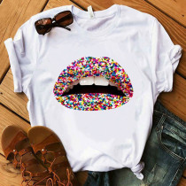Camisetas coloridas moda casual lábios estampados básicos com gola O