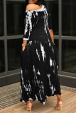Черное модное базовое платье с круглым вырезом и асимметричным принтом