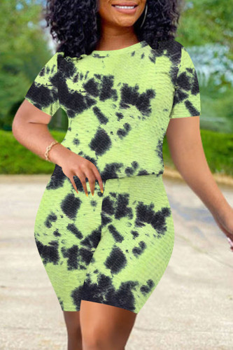 Fluorescent Green Casual Print Tie Dye Patchwork O Neck Short Sleeve Two Pieces