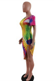 Color Fashion Casual Print Tie Dye Asymmetrisches Kurzarmkleid mit O-Ausschnitt