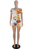White Sexy Print Patchwork Strapless Regular Rompers