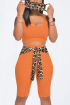 Orange Casual Leopard Bandage Patchwork U Neck Sleeveless Two Pieces（with a mask)