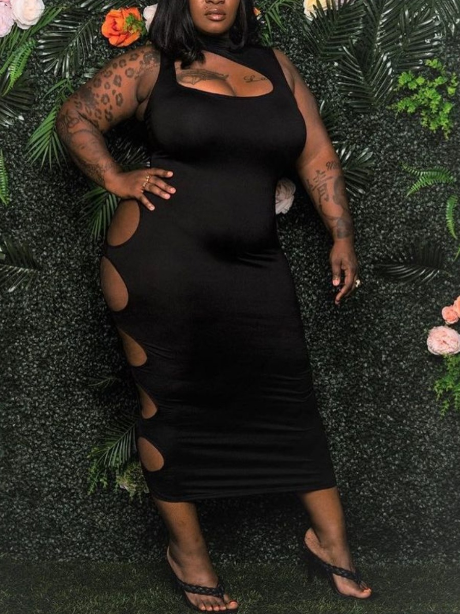 

Black Fashion Sexy Plus Size Solid Hollowed Out Half A Turtleneck Sleeveless Dress