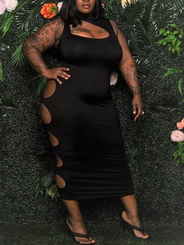 Черное модное сексуальное платье больших размеров с вырезом без рукавов на половину водолазки