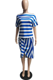 Blue Casual Striped Patchwork One Shoulder Short Sleeve Two Pieces
