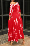 Красное модное базовое платье с круглым вырезом и асимметричным принтом