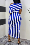 Blue Casual Striped Patchwork One Shoulder Short Sleeve Two Pieces