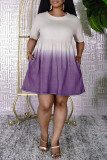 Vestido de manga corta con cuello en O básico con estampado de cambio gradual informal de moda púrpura