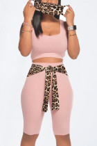 Light Pink Casual Leopard Bandage Patchwork U Neck Sleeveless Two Pieces（with a mask)