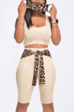 Light Pink Casual Leopard Bandage Patchwork U Neck Sleeveless Two Pieces（with a mask)