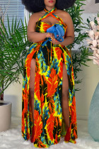 Оранжевое модное сексуальное платье большого размера без рукавов с открытой спиной и разрезом на шее