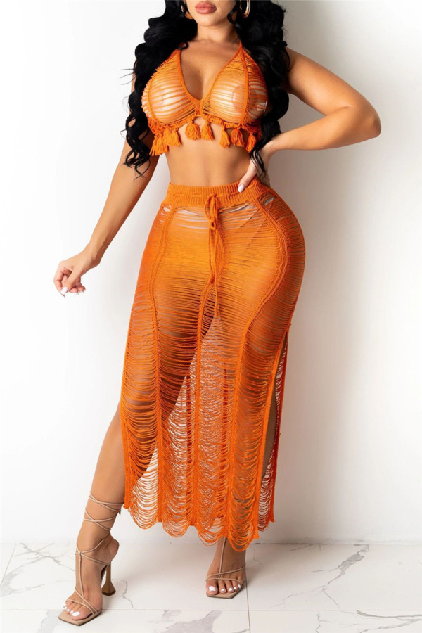 Corda laranja fashion sexy sólida transparente sem costas sem mangas duas peças