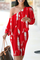 Red Casual Print Patchwork One Shoulder Long Sleeve Two Pieces