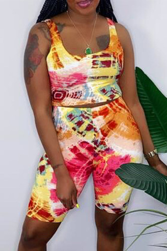 Yellow Fashion Casual Tie Dye Printing U Neck Sleeveless Two Pieces