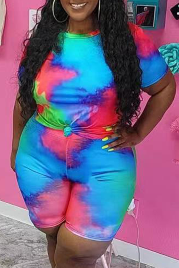 Blue Casual Patchwork Tie-dye O Neck Plus Size Two Pieces