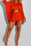 オレンジファッションカジュアルソリッド非対称Oネック長袖ツーピース